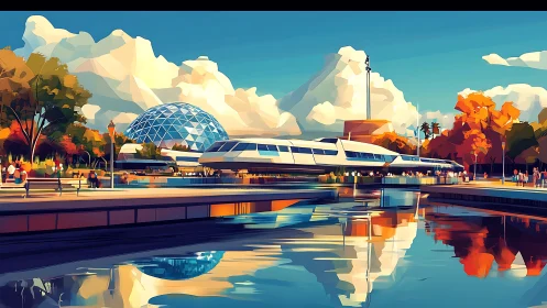 Futuristic monorail glides past geodesic dome at sunset.
