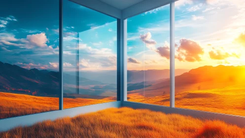 Interior glass corner framing sunlit hills and sky panorama.