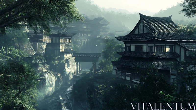 Misty hillside village with traditional East Asian houses.