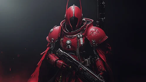 Red armored sci fi soldier holding rifle on dark background.