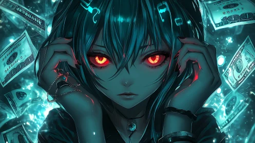 Neon-eyed anime girl broods amid floating money and code