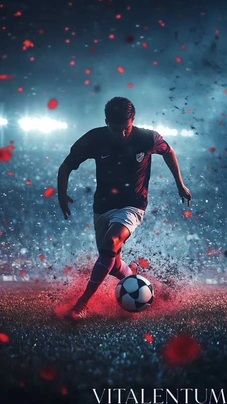 Soccer player drives ball through illuminated stadium field