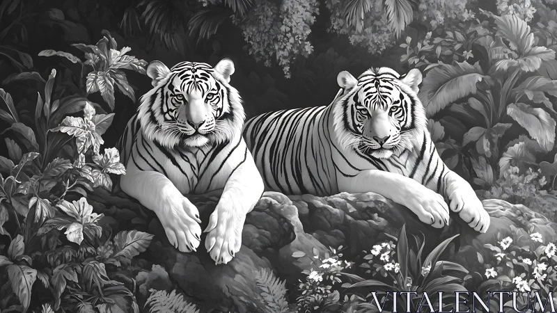 Two Bengal Tigers Resting in Botanical Garden Environment. Monochromatic.