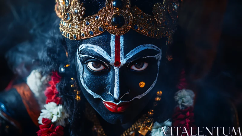 Intense festival portrait in dramatic ritual face paint.