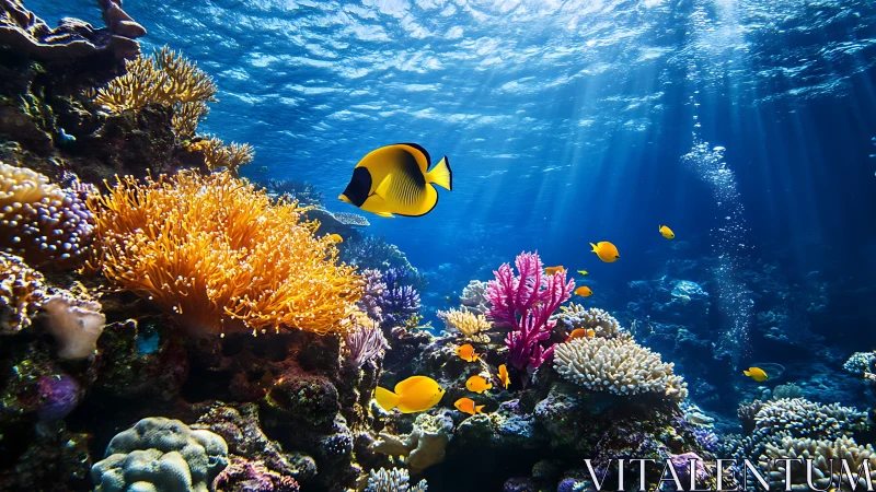 Tropical coral reef glows under crystal blue sunbeams