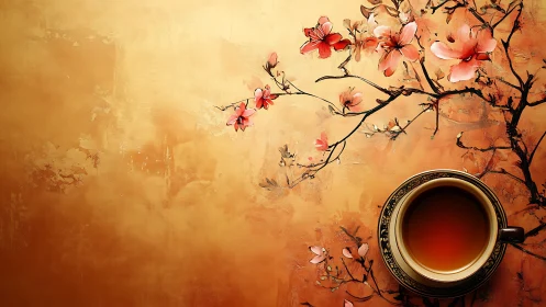 Delicate cherry blossoms frame a tranquil cup of tea