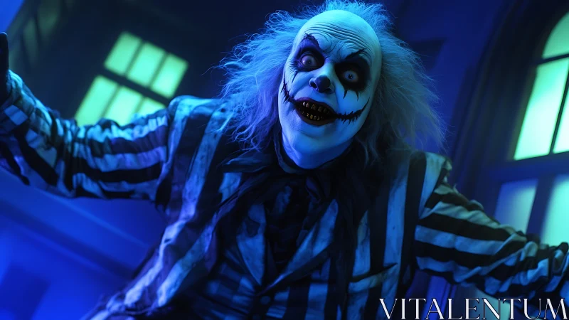 Chromatic ghost-clown portrait in high-contrast blue lighting.