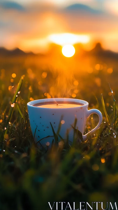 Steaming coffee cup glows against a golden sunrise field backdrop