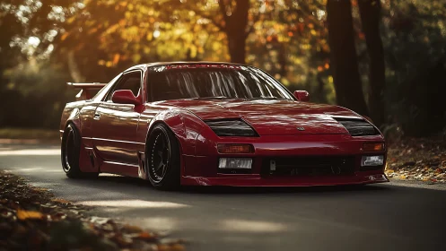 Stanced red 1990s JDM coupe with widebody aero in autumn light