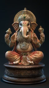 Golden Ganesha radiates serenity on jeweled lotus throne.
