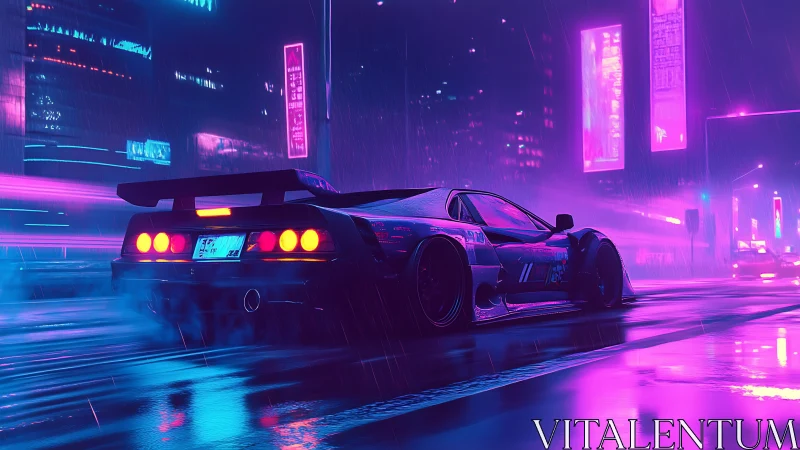 Neon supercar powers through rainy cyberpunk city streets.