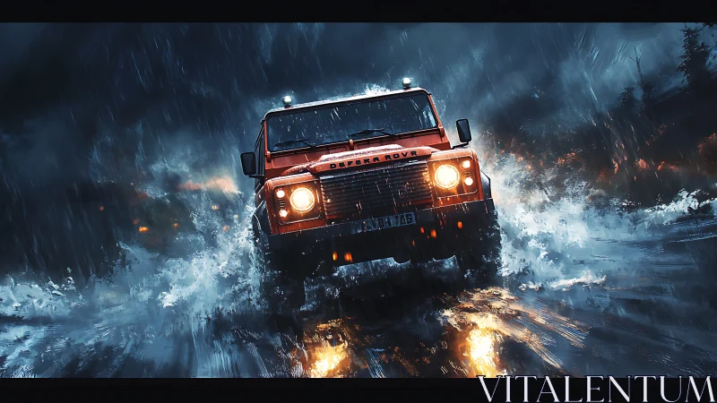 Red off road SUV drives through deep water in heavy rain