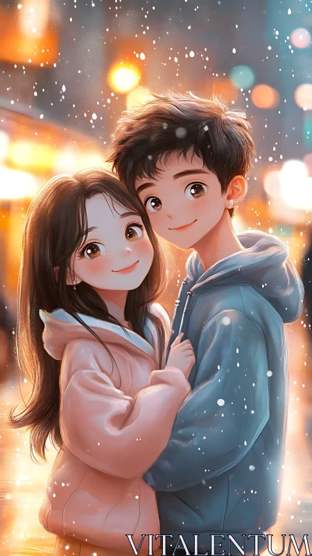Stylized couple in soft-lit snowfall with warm bokeh background