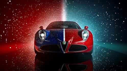 Sleek sports car splits red and blue light in dynamic motion