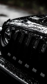 Macro automotive grille study in high-contrast wet gloss.