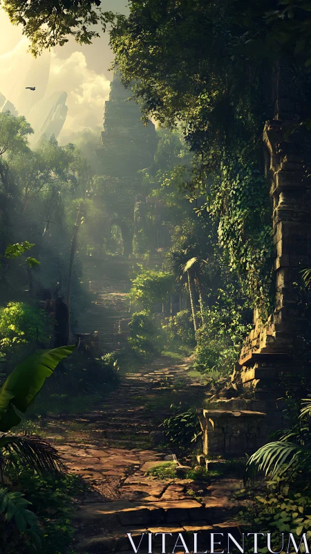 Sunlit jungle stairway into the whispering lost temple.