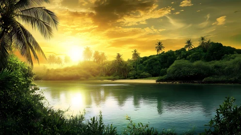 Tropical river sunset glows over lush palm coastline.