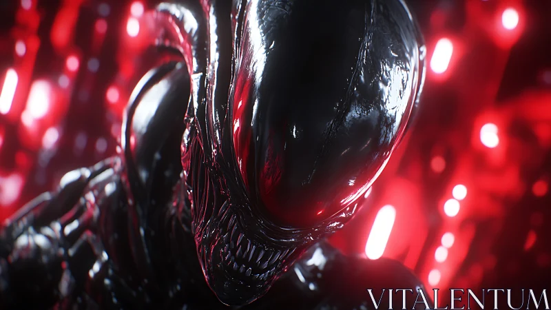 Gleaming alien creature stands in a moody red cosmic glow