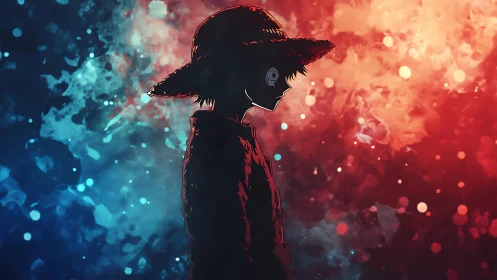 Bicolor atmospheric silhouette of straw‑hatted anime wanderer.