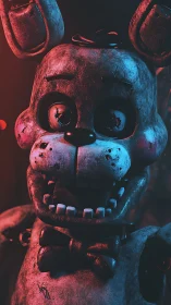 Rusty robot bunny grinning in eerie neon shadows.