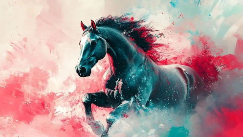 Galloping stallion in explosive teal and crimson motion blur.