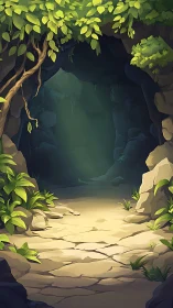 Enchanted Cave Entrance Illuminated by Magical Sunlight.