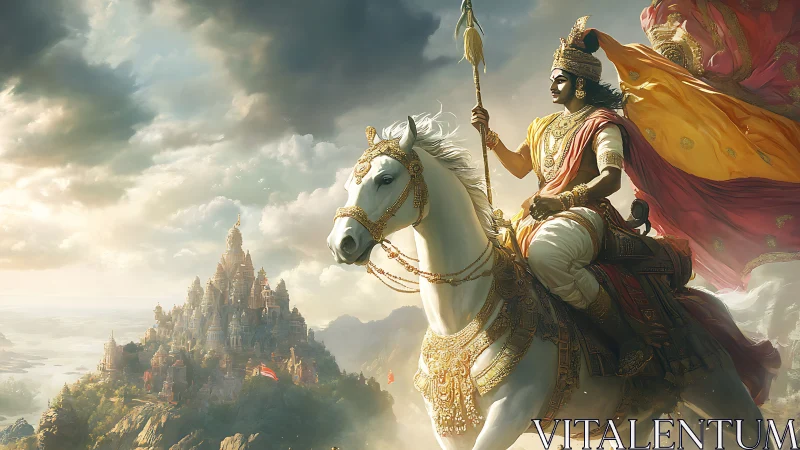 Mythic cavalry rider surveying fortified temple metropolis skyline.