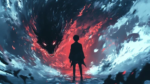 Silhouetted warrior confronts flaming shadow beast in storm