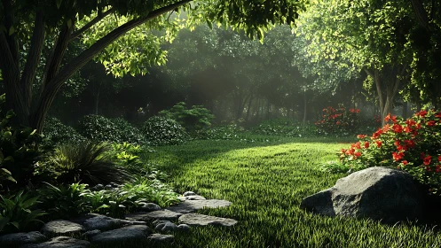 Sunlit forest garden with stone path and vibrant foliage.
