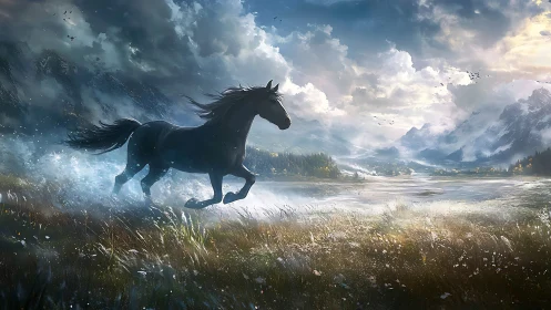 Wild black horse racing across a misty mountain valley.