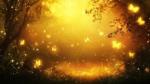 Golden forest clearing glows with luminous butterfly swarms