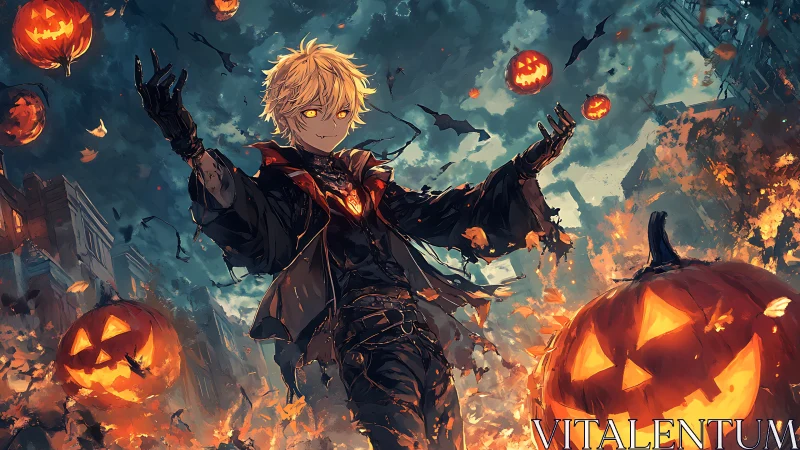Halloween-themed anime figure amid pumpkins and fire.