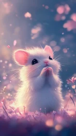 Digital painting of fluffy mouse in pastel bokeh meadow.
