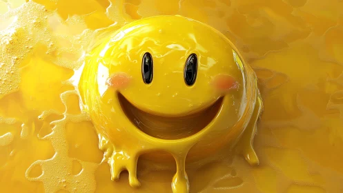 Melted yellow smiley face rendered in glossy liquid form
