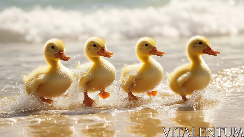 Photorealistic shoreline study of four ducklings in motion.