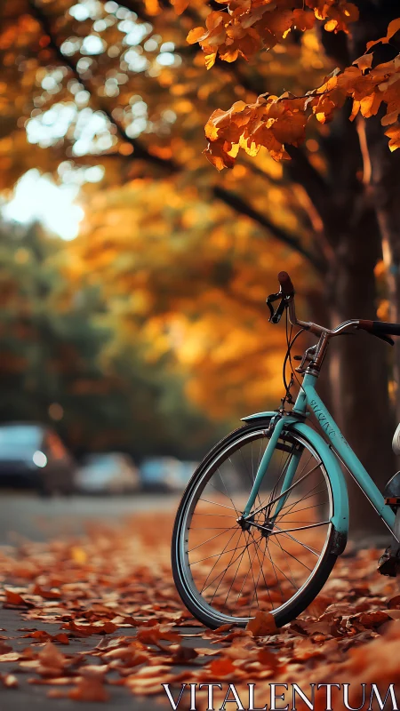 Turquoise Bicycle in Golden Autumn Foliage.