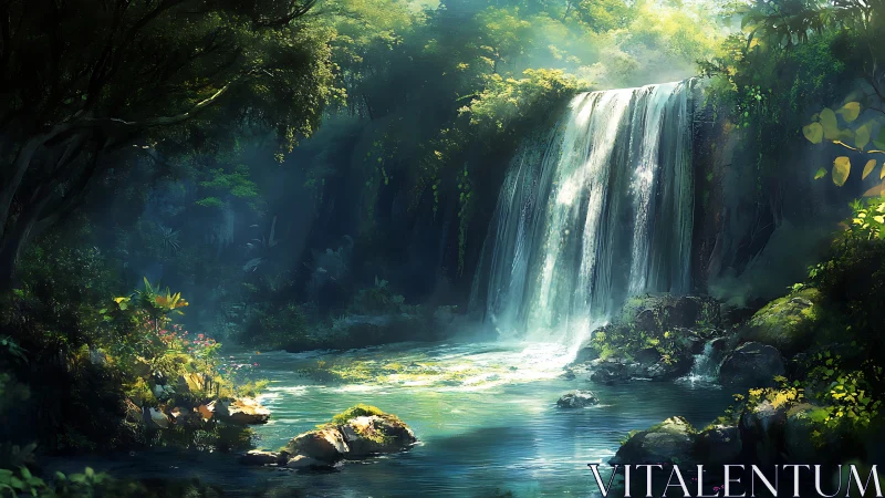 Waterfall Cascading Through Emerald Forest Canopy