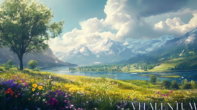 Sunlit alpine meadow stretches toward serene blue lake and peaks