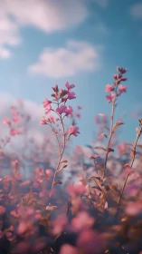 Pink wildflowers against bright blue sky with white clouds