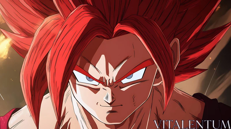 Fiery anime warrior glares forward with intense battle focus