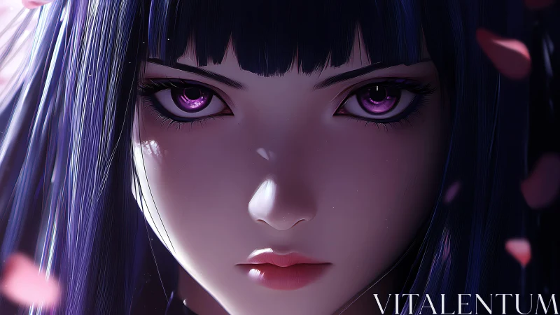 Focused anime girl portrait with intense violet eyes.