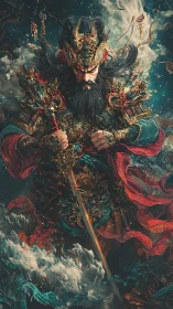 Celestial warlord descends through storm-torn cosmic seas.