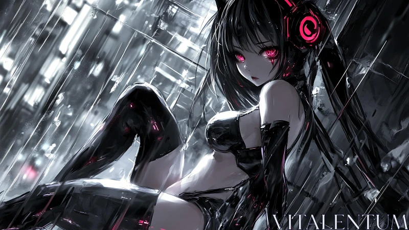 Neon-eyed night hacker reclines in chrome rainlight storm.