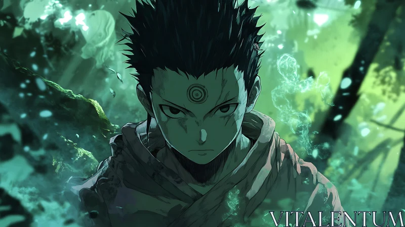 Cursed warrior stands in eerie green forest mist