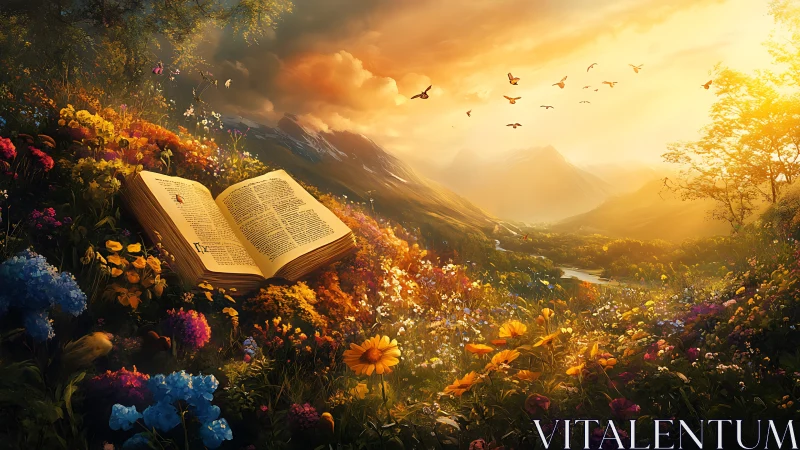 Open illuminated book anchors a luminous floral valley at dawn