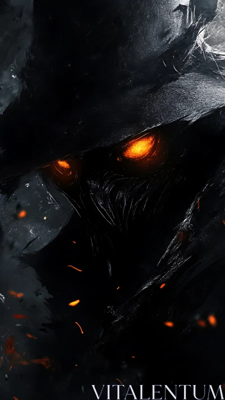 Shadowed plague crow with burning ember eyes in void.