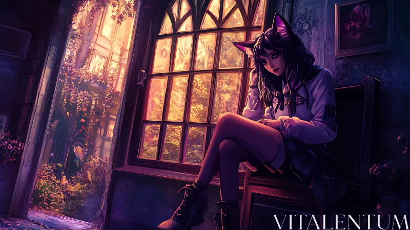 Melancholic cat-eared girl in neon dusk window lighting study