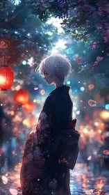 Side profile of kimono wearer under lanterns at night.