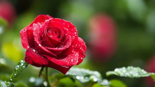 Crimson Rose Adorned with Diamond Dewdrops.