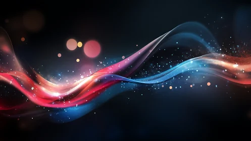 Colorful light waves with sparkling particles on dark background.